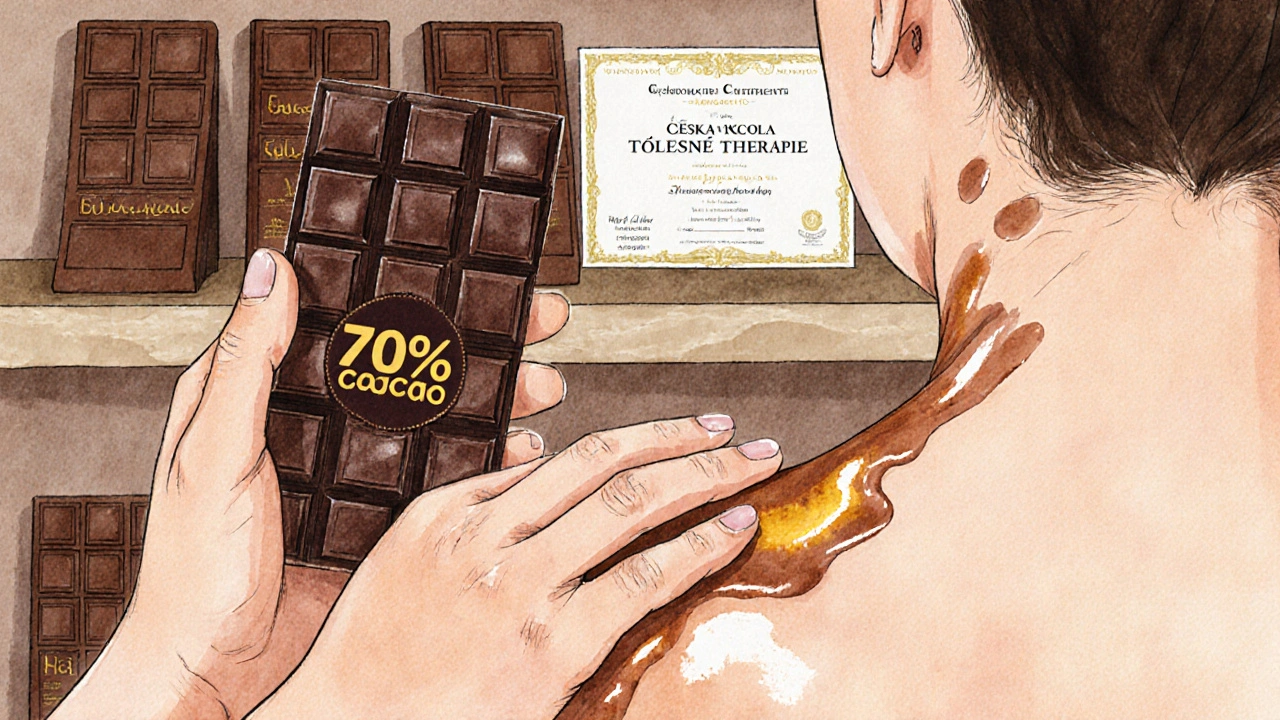 Ruce maséřky jemně masírují kůži roztávající se čokoládou s vysokým obsahem kakaa.