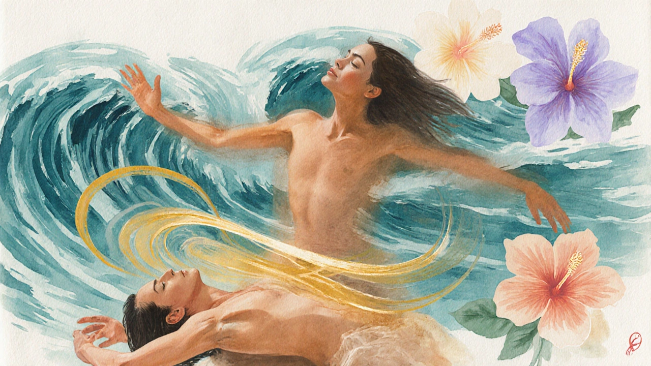 Abstraktní vlny světla proudí po těle během havajské masáže, vyjadřující plynulý pohyb a klid.