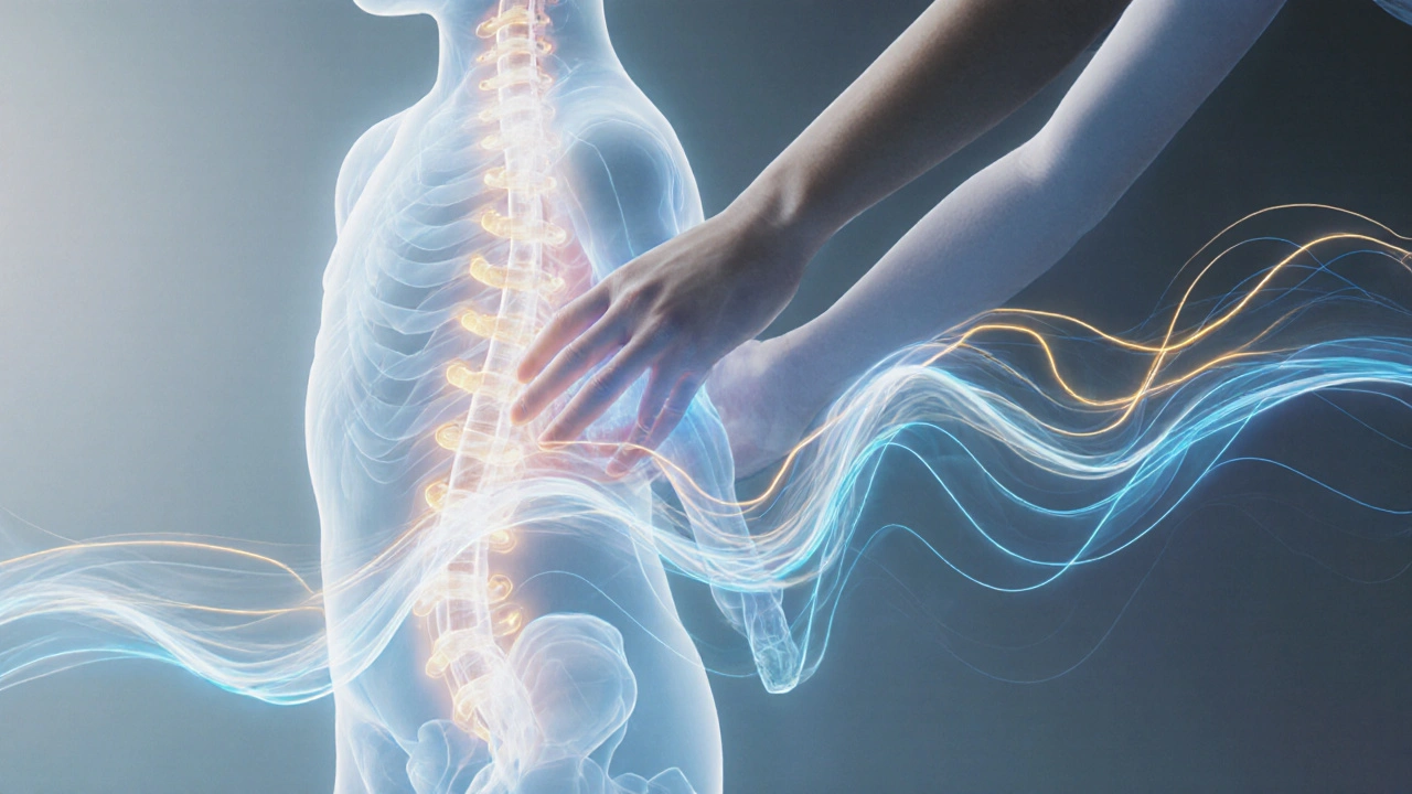 Abstraktní znázornění klidné energie proudící z rukou dospělého do těla dítěte.