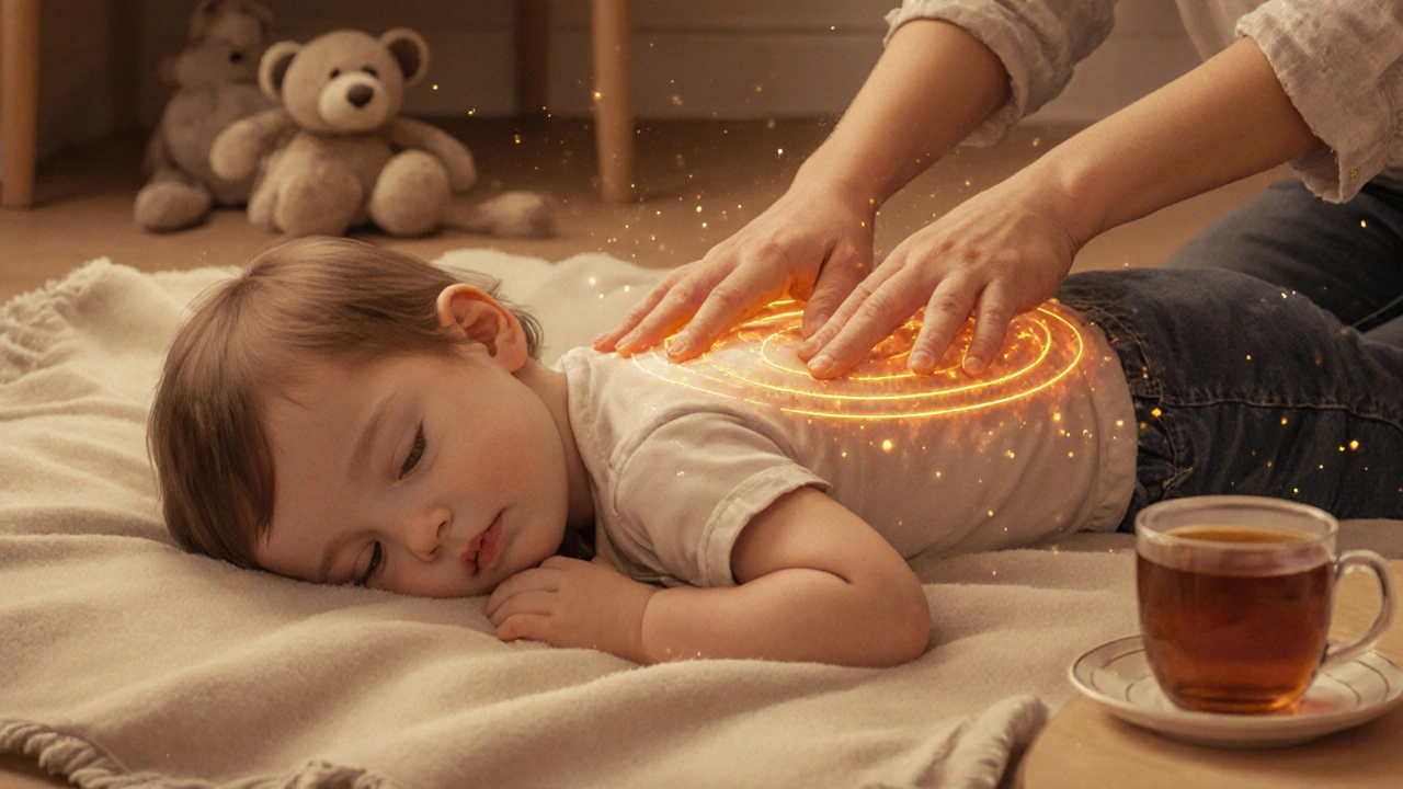 Dítě leží na plátně, rodič mu masíruje záda, v okolí klidný domácí prostředí.