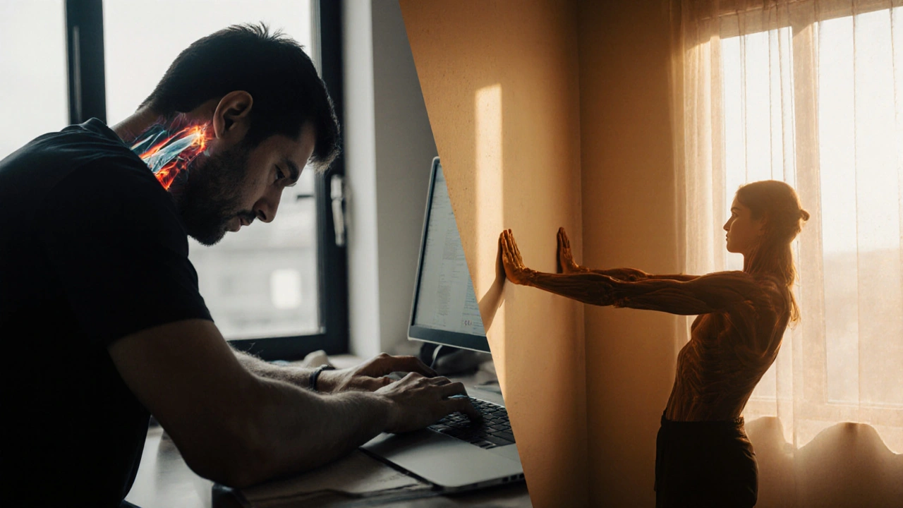 Dvě strany jedné osoby: jedna trpí bolestí, druhá je uvolněná a pohyblivá.