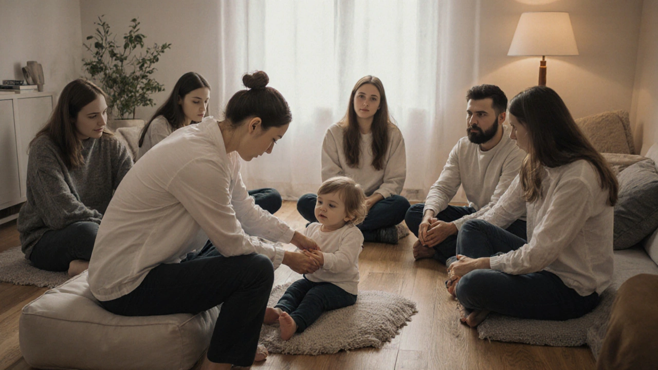 Fyzioterapeutka ukazuje rodičům techniku Breussovy masáže v klidném prostředí.