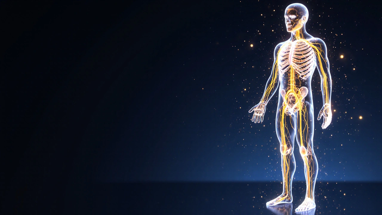 Koncepční znázornění lymfatického toku tělem jako zlatých světelných cest směřujících k uzlům.