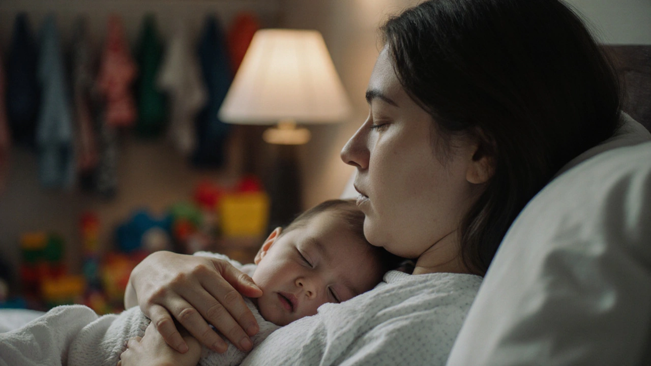 Maminka leží vedle dítěte, oba klidně dýchají, bez masáže, jen spojení.