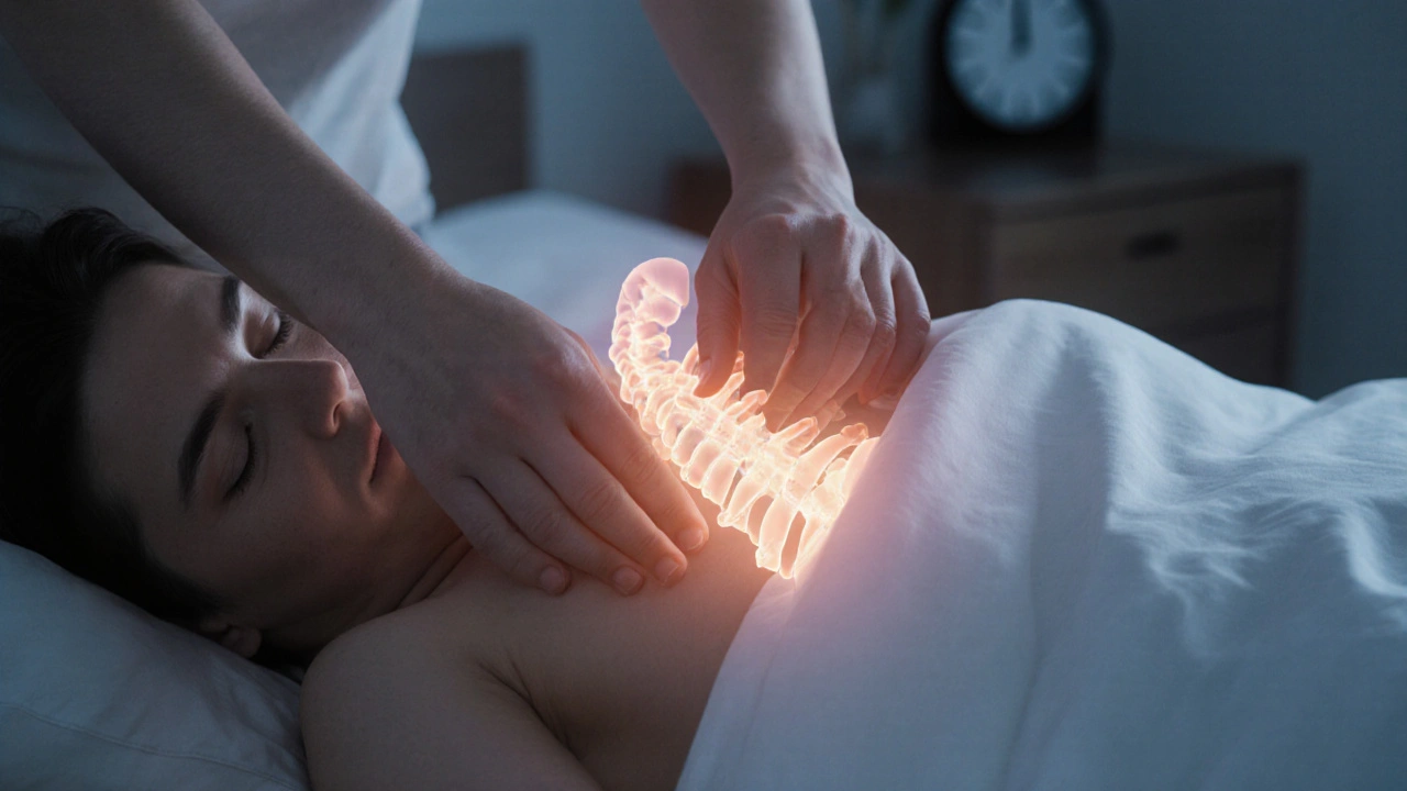 Osoba leží na boku a jemně posouvá koleno k hrudi pro korekci páteře.