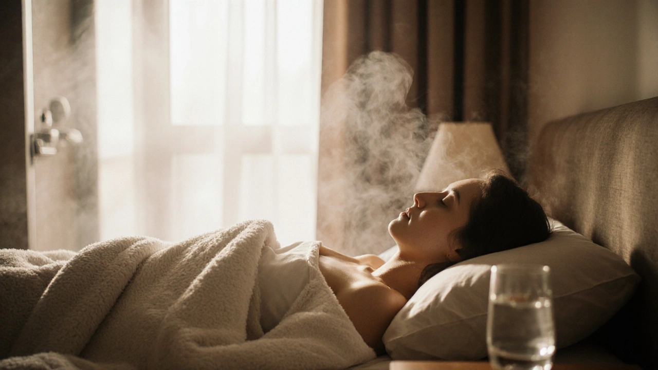Osoba odpočívá v posteli po masáži, teplá přikrývka, sklenice vody a pára ze sprchy.