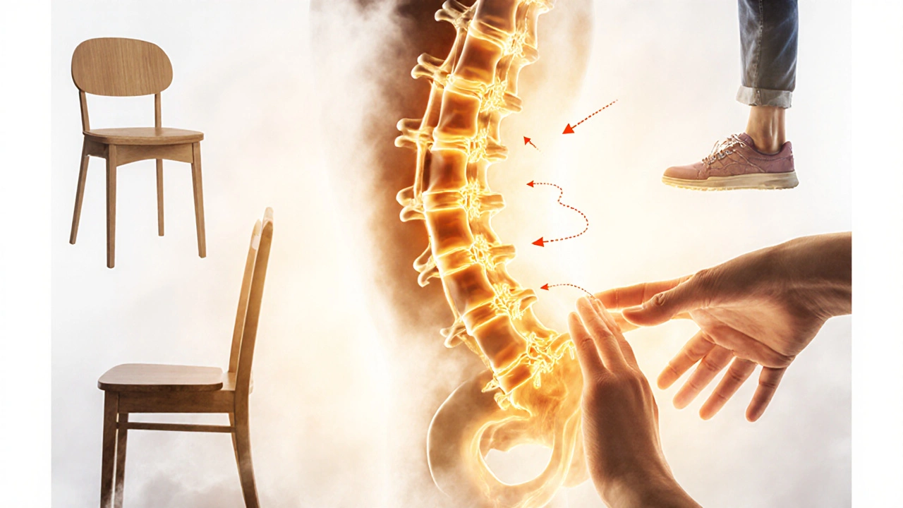 Páteř a kyčle v ideální rovnováze, zatímco nesprávné postavy a zatížení mizí ve světle.