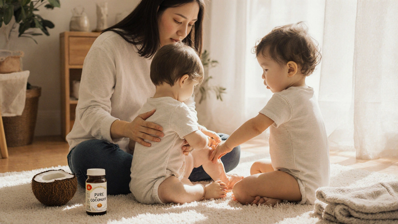 Rodič masíruje jedno dítě, zatímco druhé pozoruje a chce se zapojit.