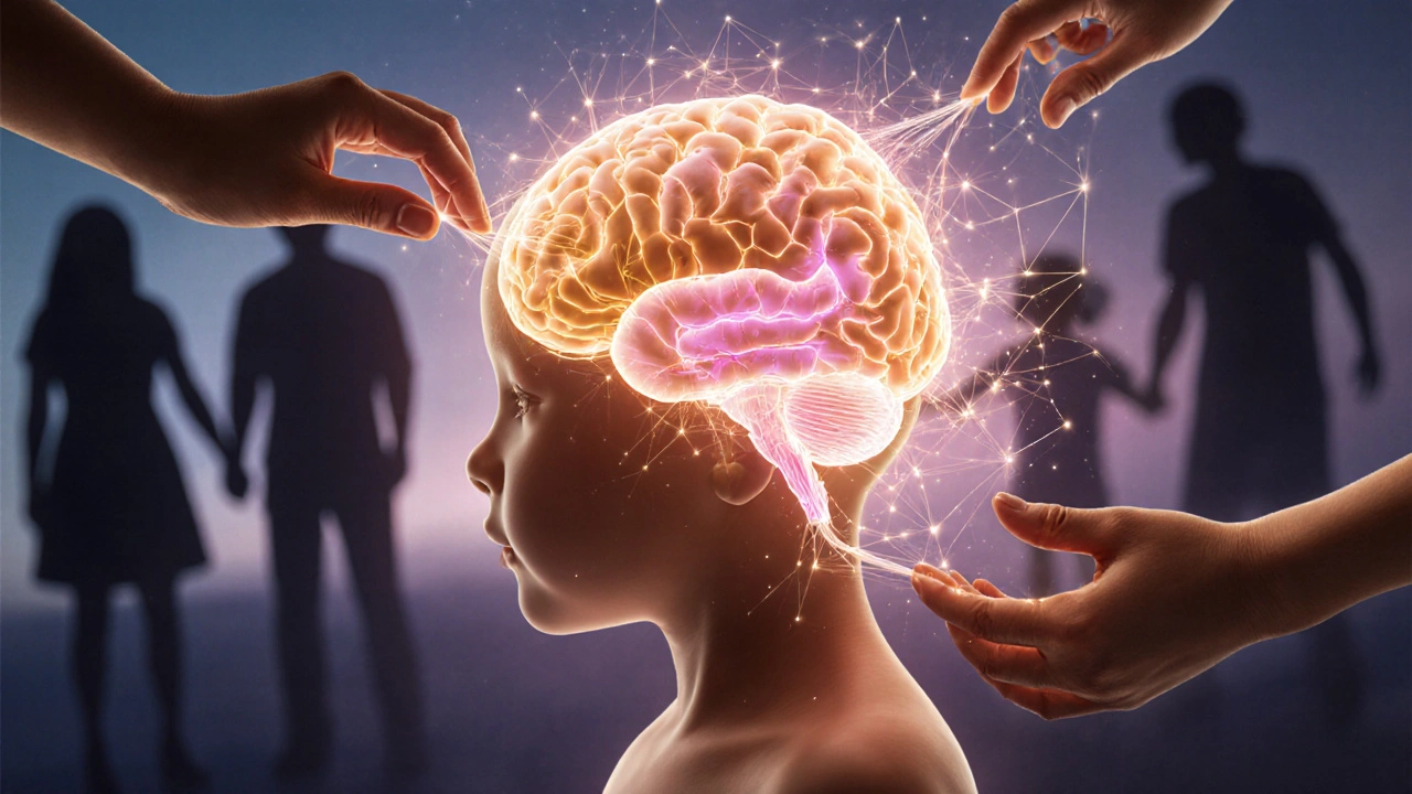 Schematický náčrt mozku dítěte s aktivovanými oblastmi spojenými s bezpečím a vazbou.