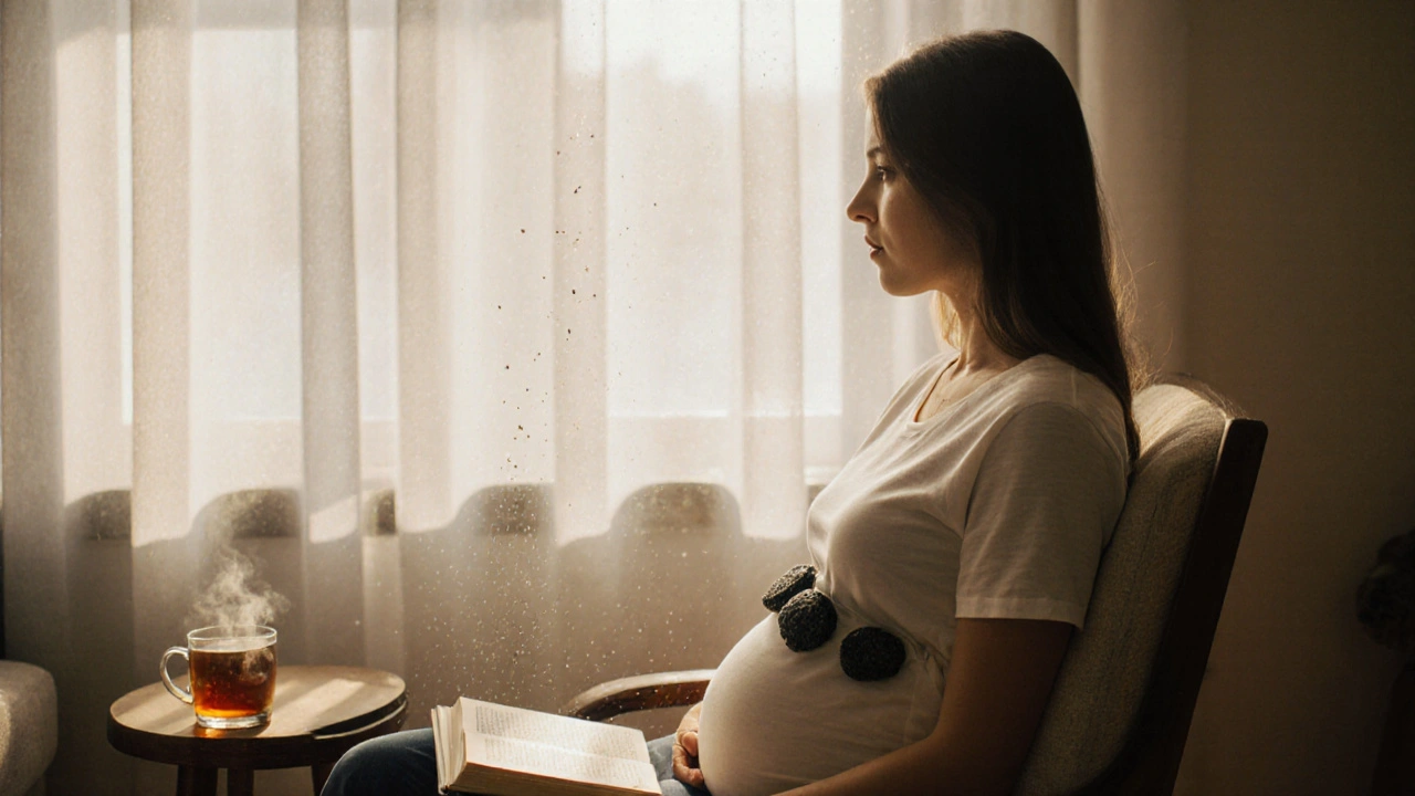 Těhotná žena si doma užívá lávové kameny na zádech v klidném prostředí.