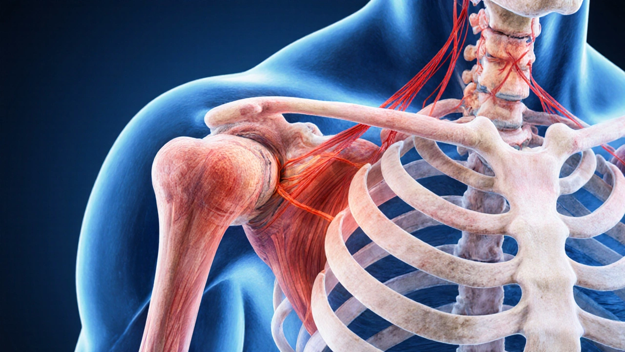 Transparentní ilustrace ramenního kloubu s napnutými svaly a šlachami spojenými s krkem.