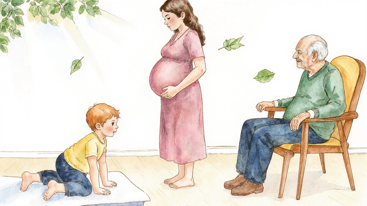 Tři generace provádějí Dornovu metodu doma — dítě, těhotná žena a starší osoba v klidném prostředí.