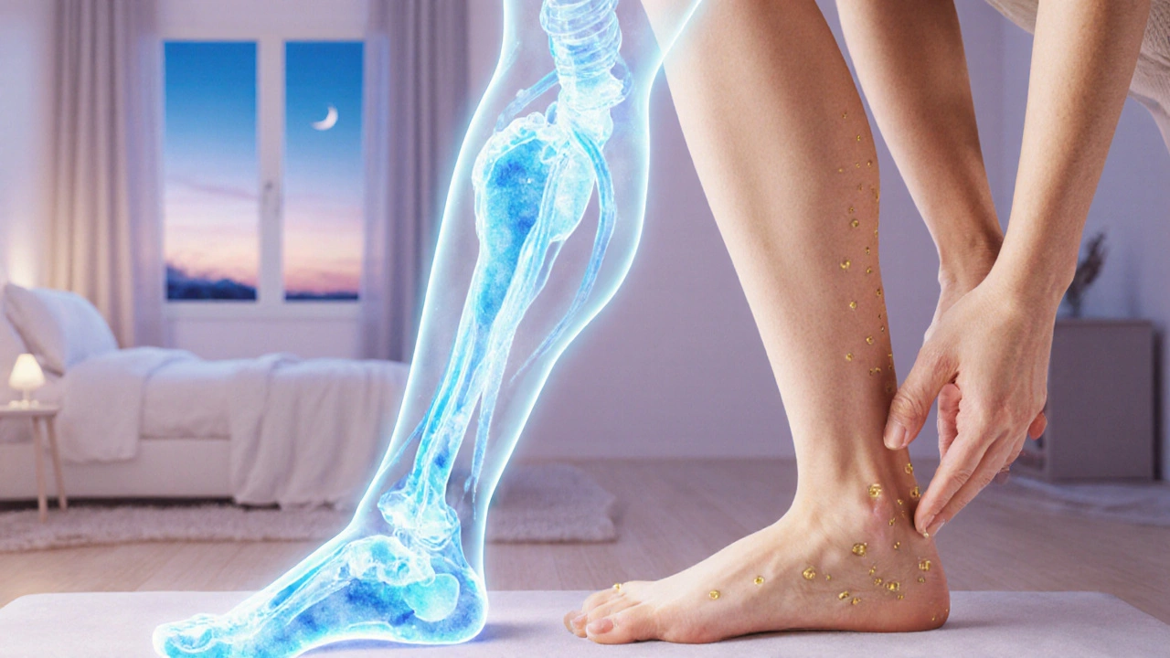 Ukázka lymfatického toku během těhotenské masáže, kde tekutina proudí nahoru z nohou k srdci.