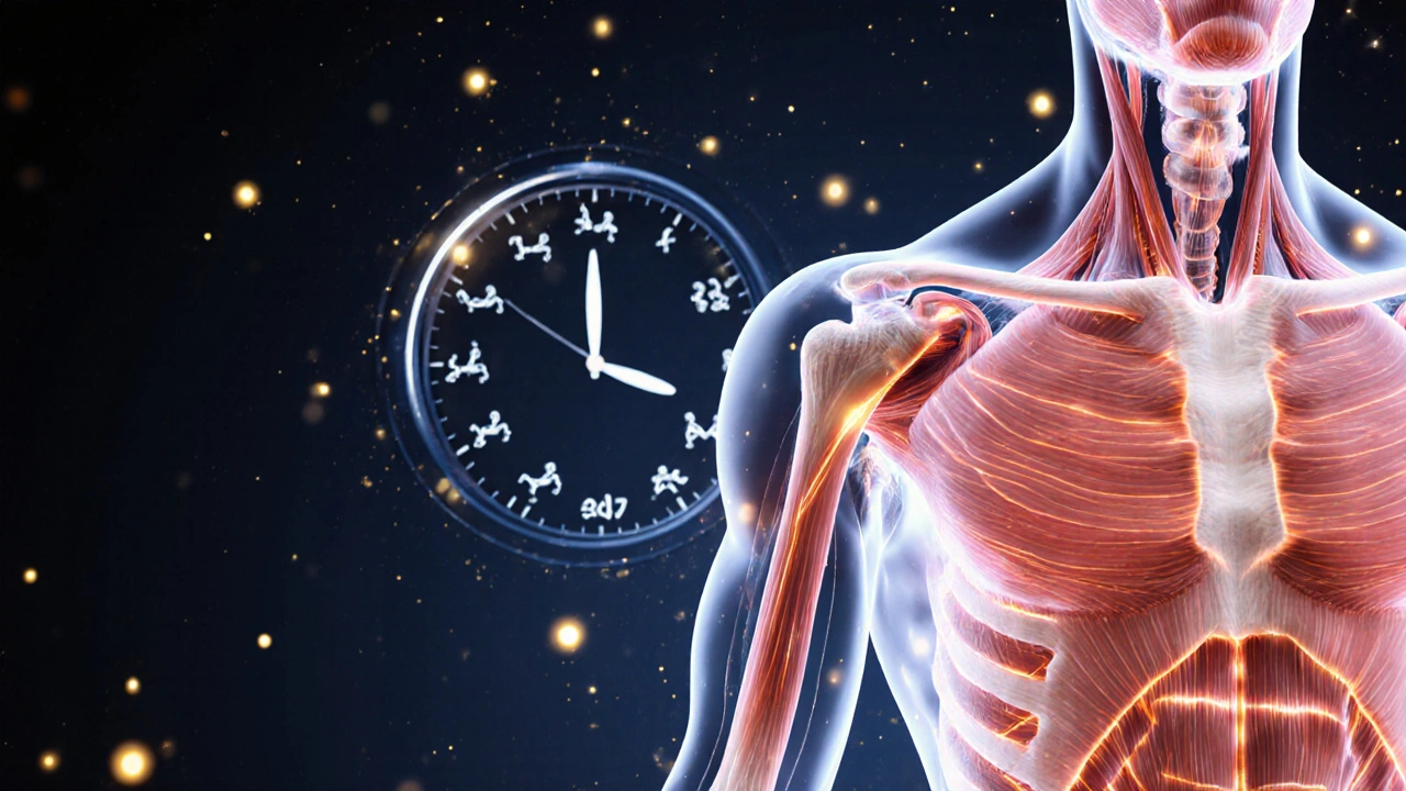 Uvolněné svaly a krevní oběh symbolizované jemným zlatým zářením, s časovým odstupem 24–48 hodin.