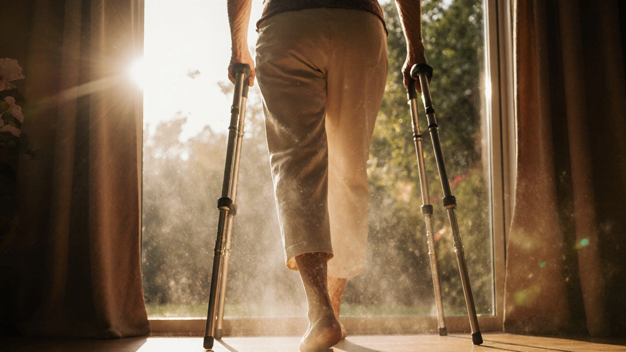 Žena po operaci kyčle chodí bez holek, znázorňuje návrat pohyblivosti a svobody.