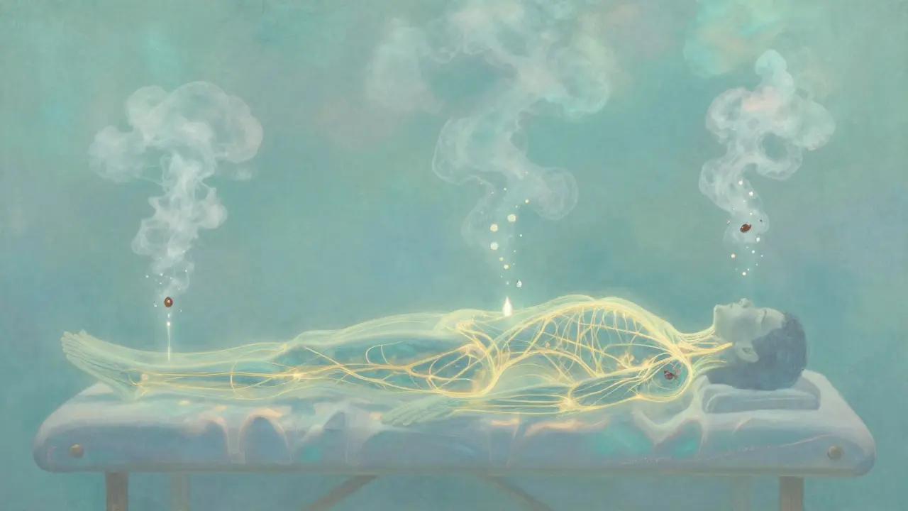 Abstraktní znázornění lymfatických cest těla, které proudí směrem k uzlům při masáži.