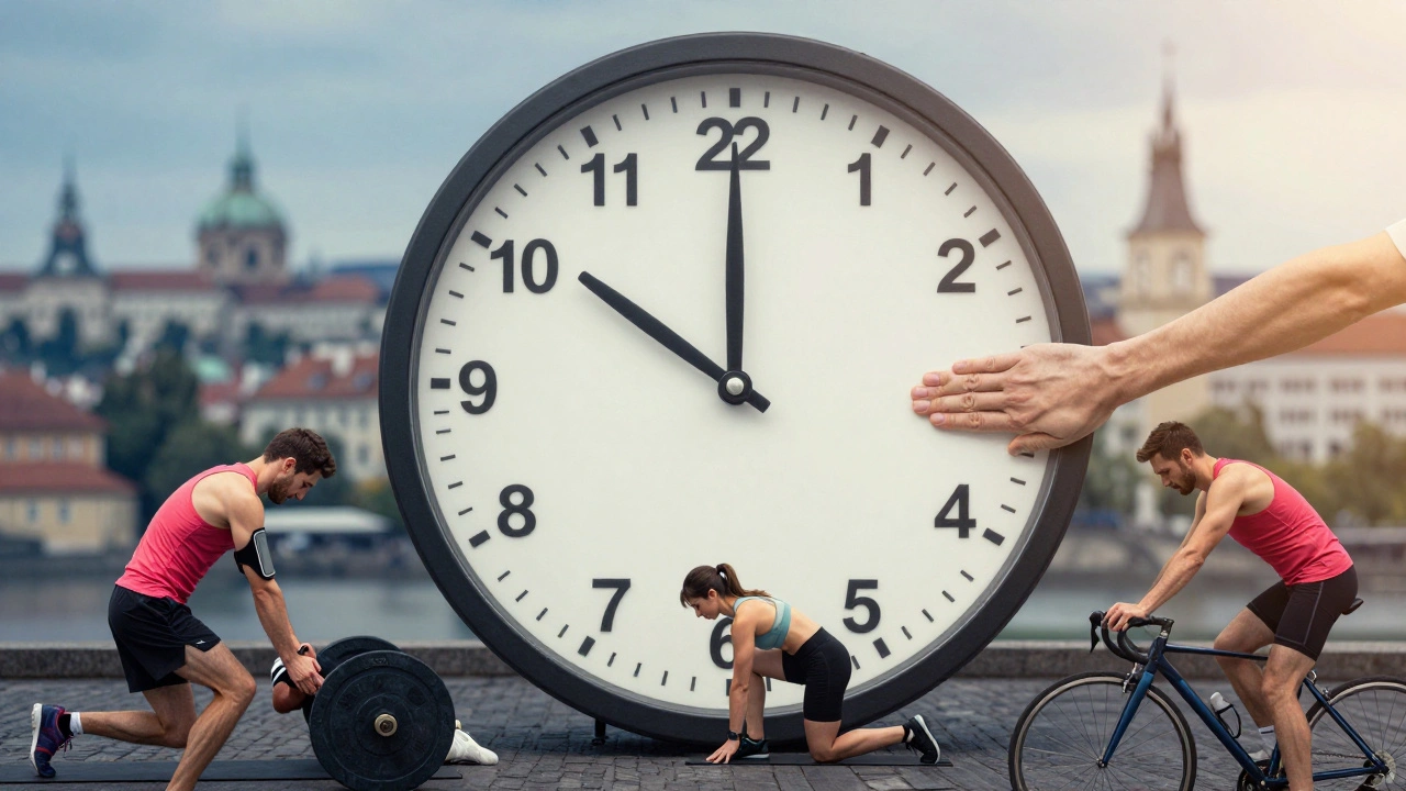 Hodiny s rukama maséře symbolizují ideální čas pro masáž po tréninku.