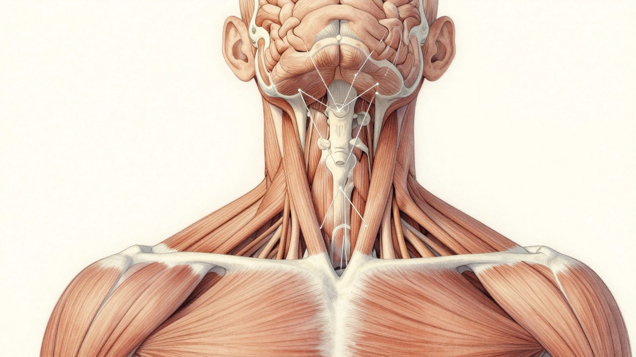 Ilustrace svalů krku a čelisti spojených s nervy vedoucími do mozku.