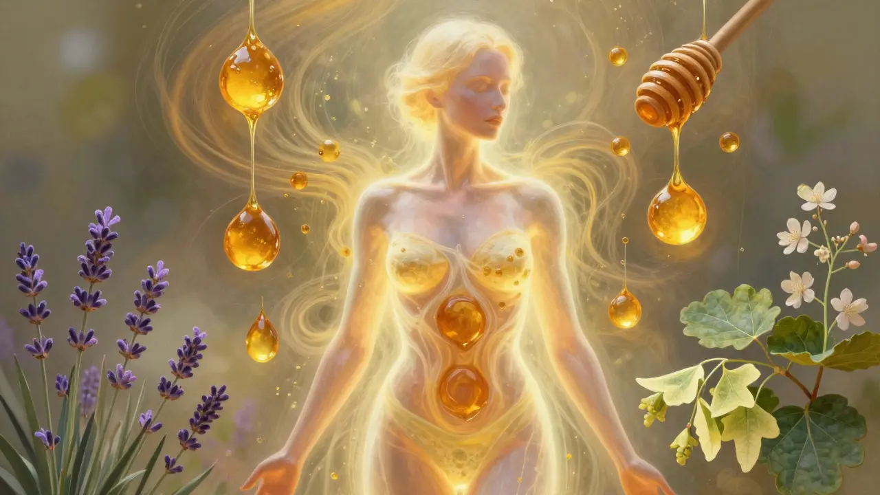 Křehký, zářící lidský obraz s medovými kapkami a antioxidanty.