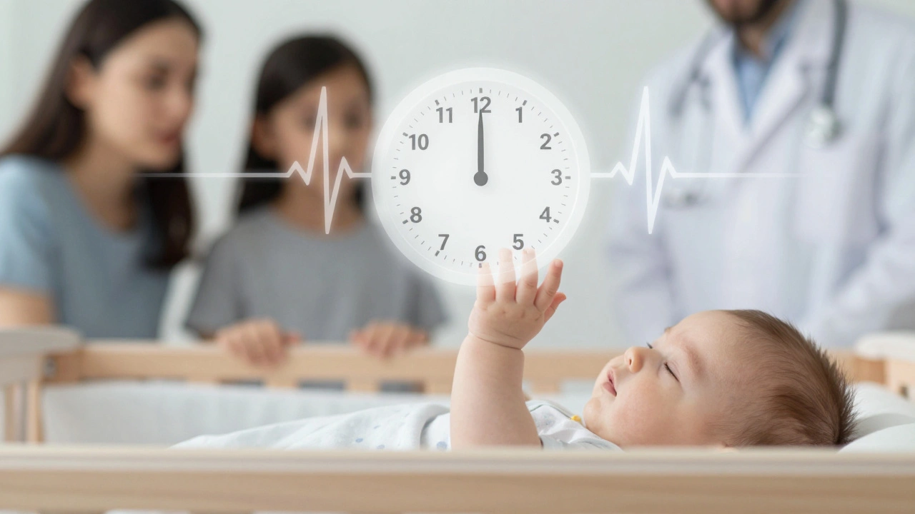 Malá ruka dítěte na pevné matraci s symbolem srdečního tepu a času.