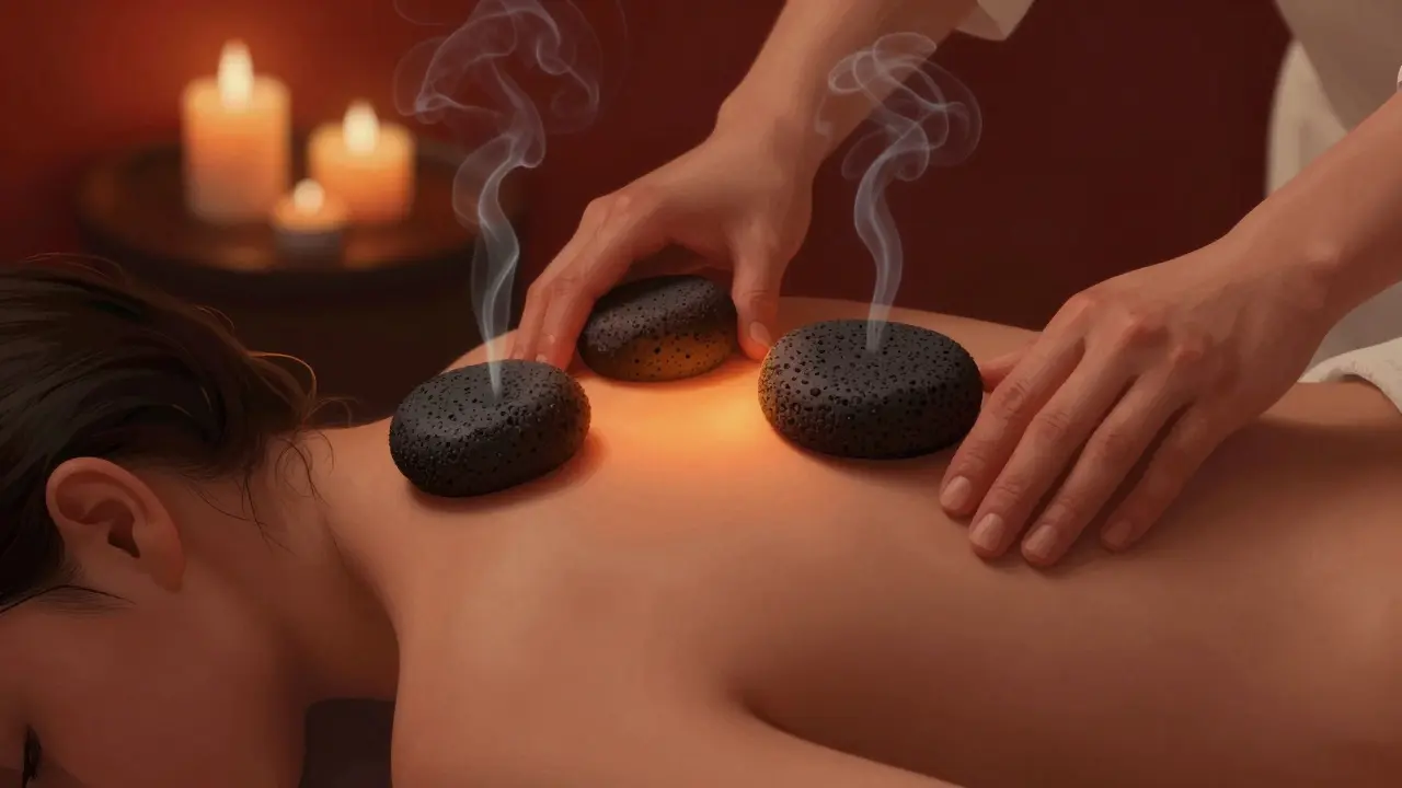 Masér používá horké lávové kameny na ramenách a krku klienta při masáži.