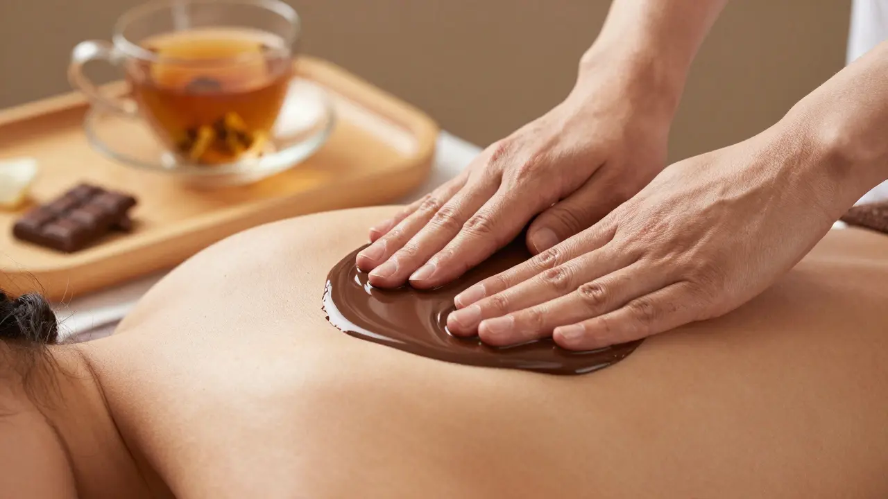 Profesionální masérka hladí záda ženy teplou čokoládou v jemném světle.