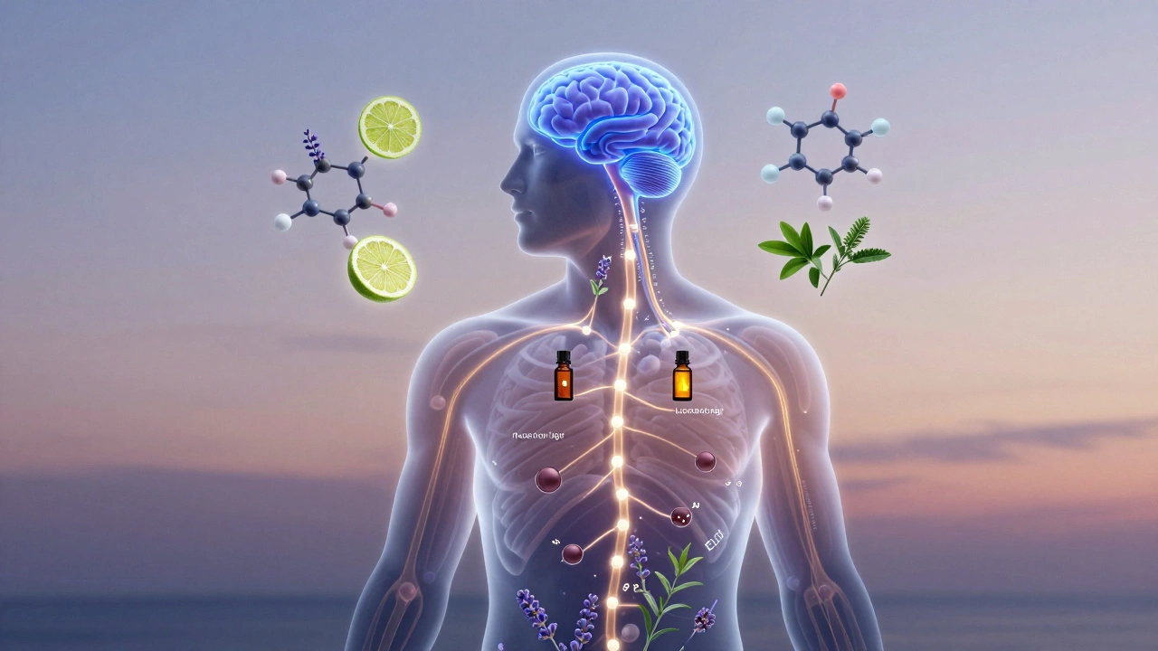 Průhledný lidský tělo s proudy bioaktivních látek směřujících k mozku.