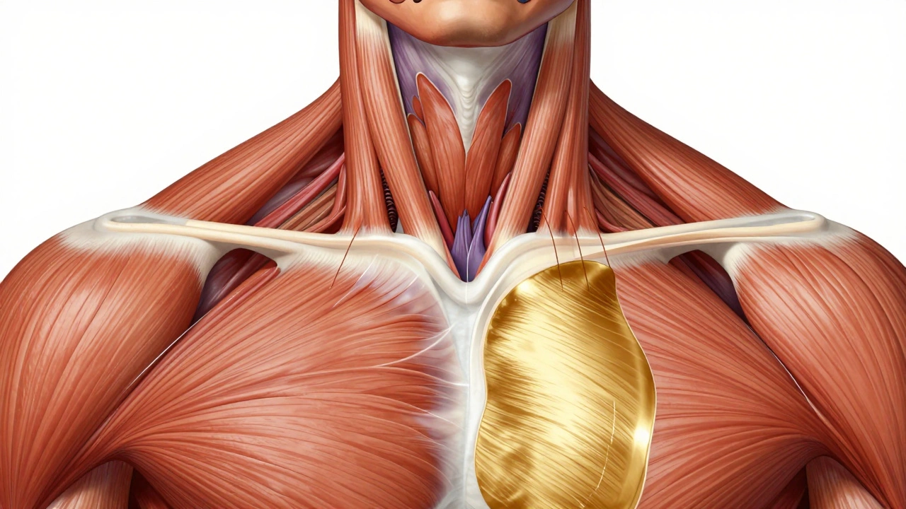 Průřez svalových a vazivových vrstev ukazující uvolnění adhezí pod tlakem.