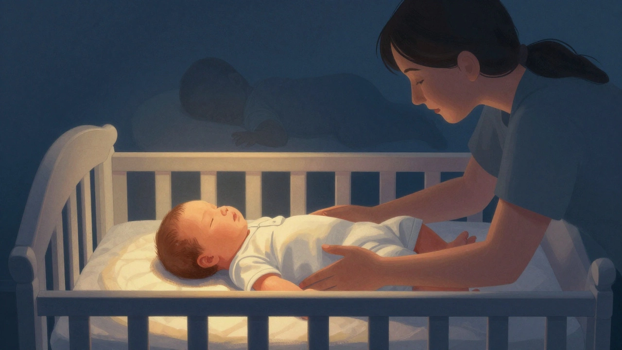 Rodič ukládá dítě na záda, zatímco nebezpečná poloha na bříšku je ve stínu.