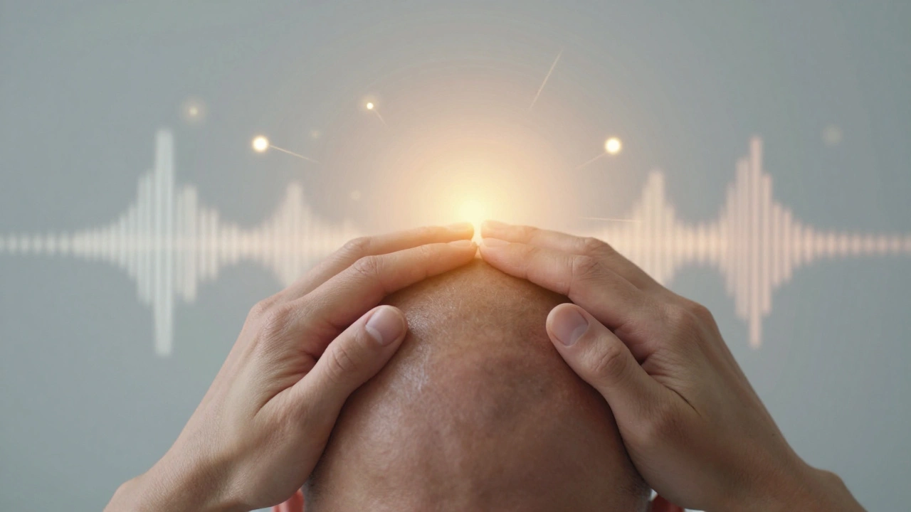 Ruka provádí jemnou masáž na základě lebky, zatímco bolestivé podněty mizí.