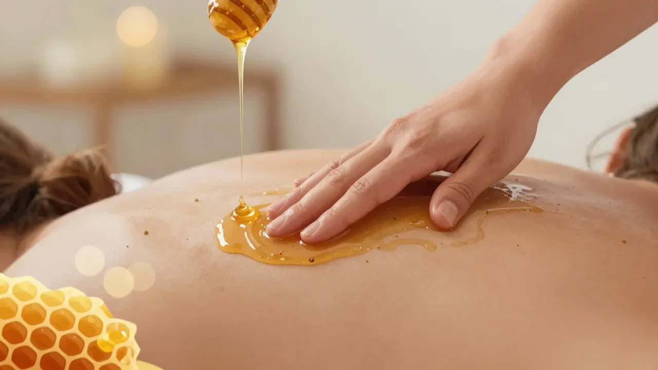 Ruka provádí medovou masáž na zádech s medem přilnavým na kůži.