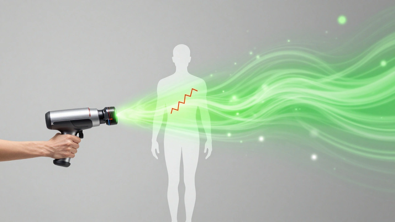 Rukou držený přístroj vedle siluety, kde bolest mizí v energii pohybu.