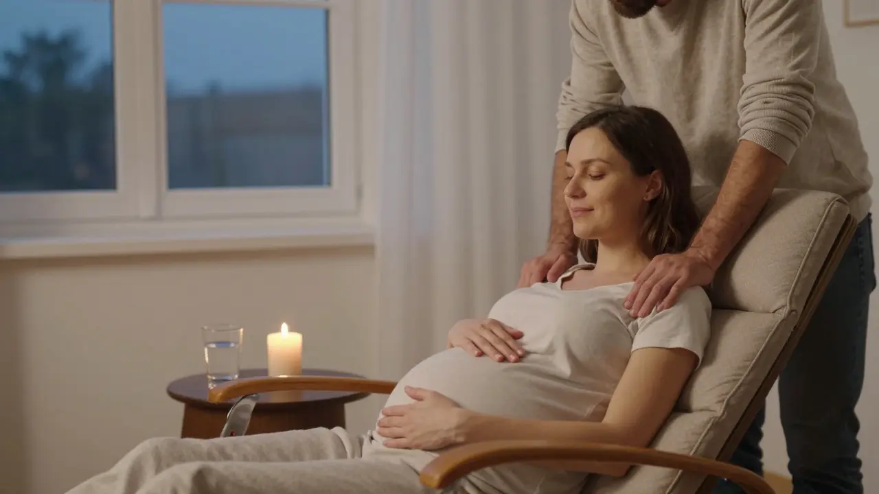 Těhotná žena sedí v křesle, zatímco její partner jemně masíruje její ramena, v klidném domácím prostředí.