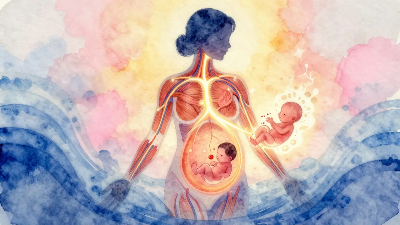 Umělecká ilustrace ukazující zlepšený krevní oběh a uvolnění stresových hormonů během těhotenské masáže.