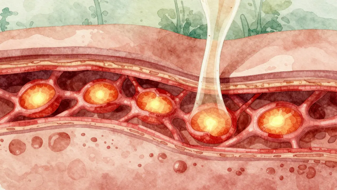 Uvnitř těla: rozšířené kapiláry a uvolněné fascie, symbolizující zlepšený krevní oběh.