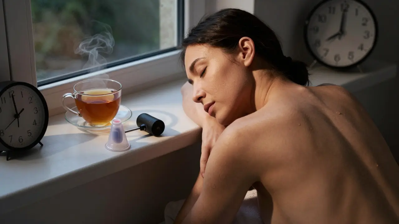 Žena po domácím baňkování, drží baňky, večerní světlo, klidná atmosféra.