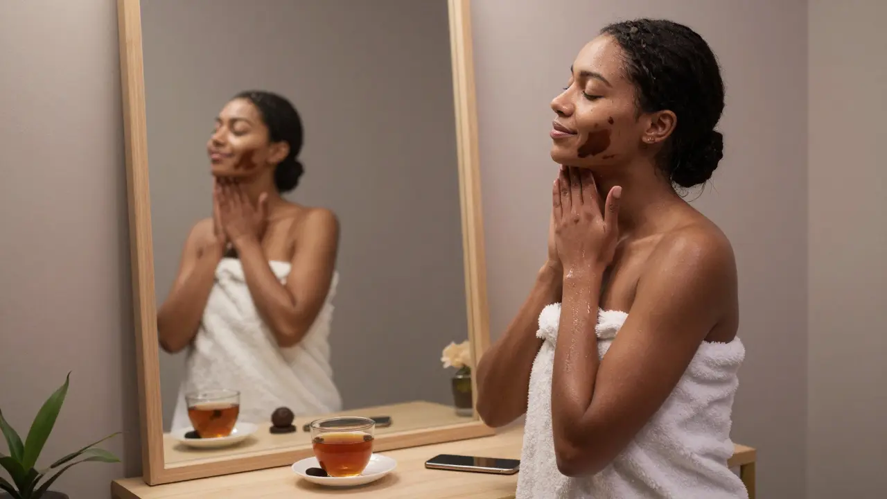 Žena se dívá do zrcadla po čokoládové masáži, obalená ručníkem, s jemně zářící pokožkou.