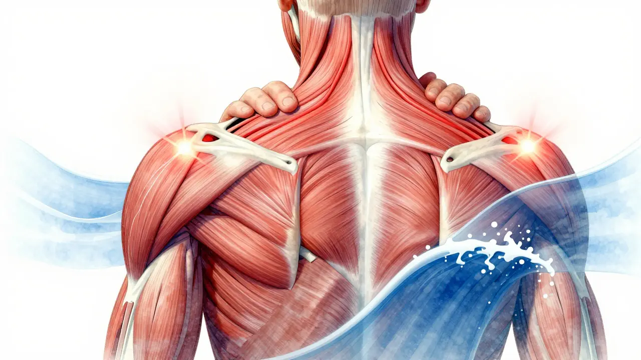 Anatomická ilustrace svalů s aktivními trigger body a tokem krve po masáži.