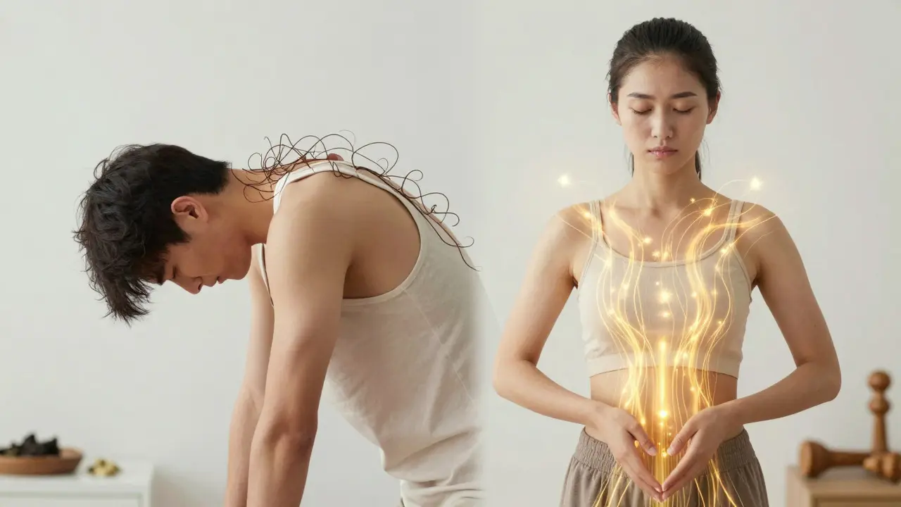Dvoučástný obraz: napjaté tělo s blokovanou energií a tělo s volně proudící energií po masáži.