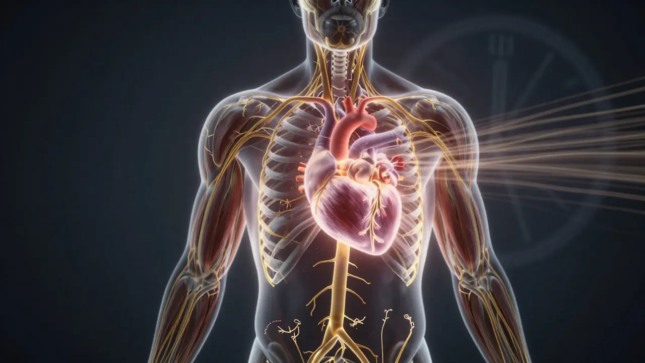 Kulatý silueta těla s zlatými proudy krevního oběhu a lymfy směřujícími k srdci.