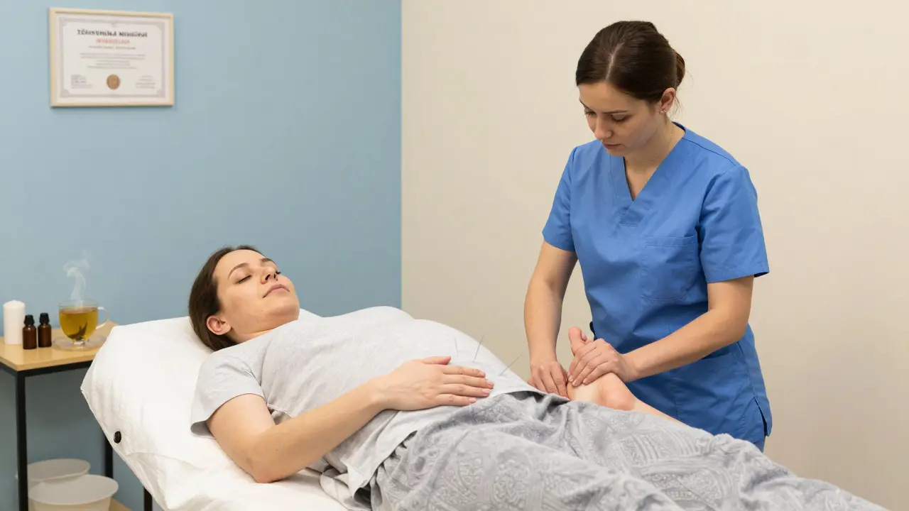 Těhotná žena kombinuje akupunkturu s reflexologií nohou v klidné terapeutické místnosti.