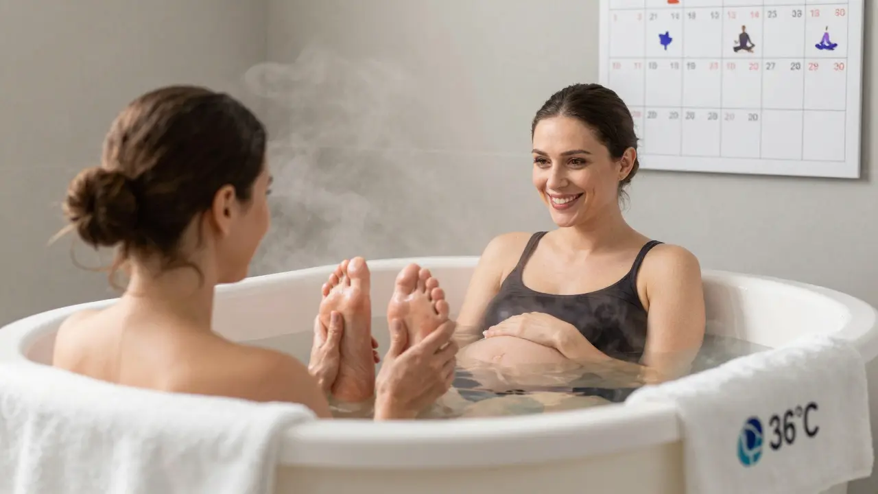 Těhotná žena si užívá teplou koupel s lehkou masáží nohou od partnera.