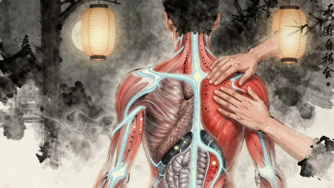 Umělecký náčrt lidského těla s proudícími energetickými cestami qi, čistícími bloky pomocí tlaku.