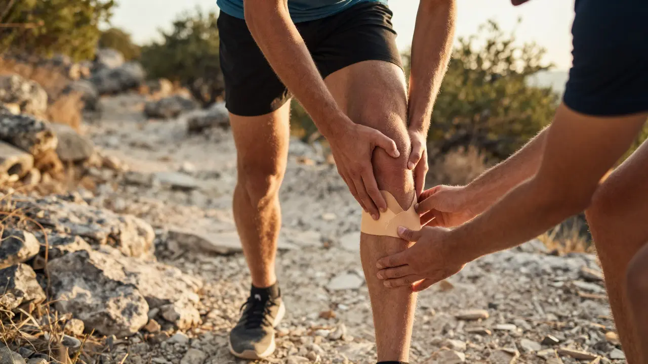 Běžec drží bolestivé koleno na nerovném terénu, druhá osoba aplikuje tejp pro podporu.