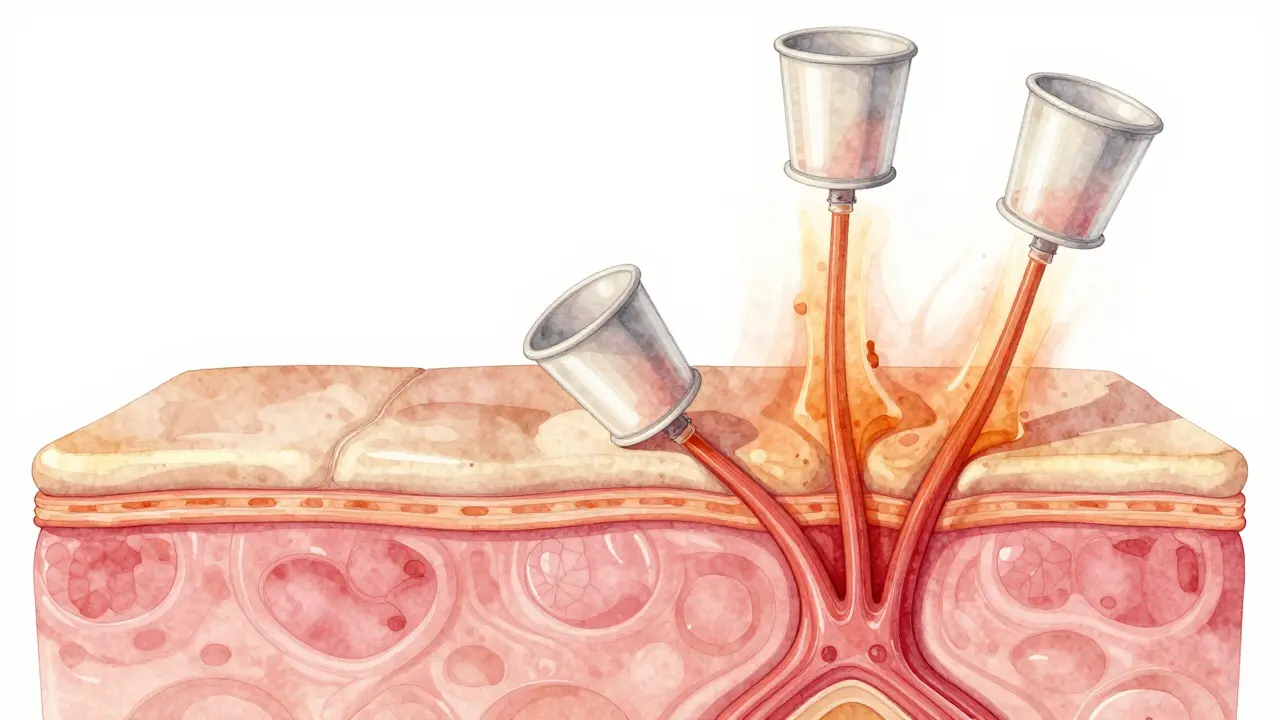 Křížový řez kůže ukazující, jak baňkování oživuje krevní oběh pod povrchem.