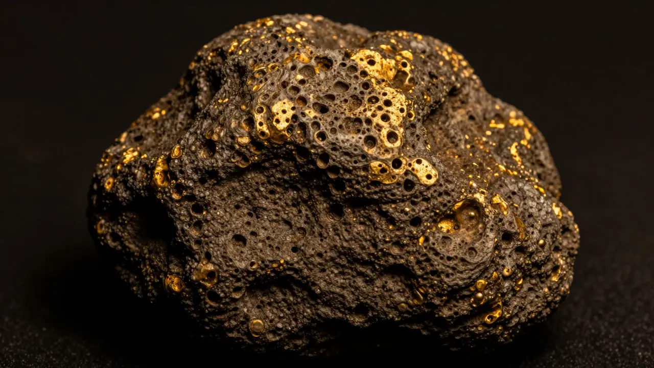 Makro detail vulkánského kamene s texturou a teplým světlem.