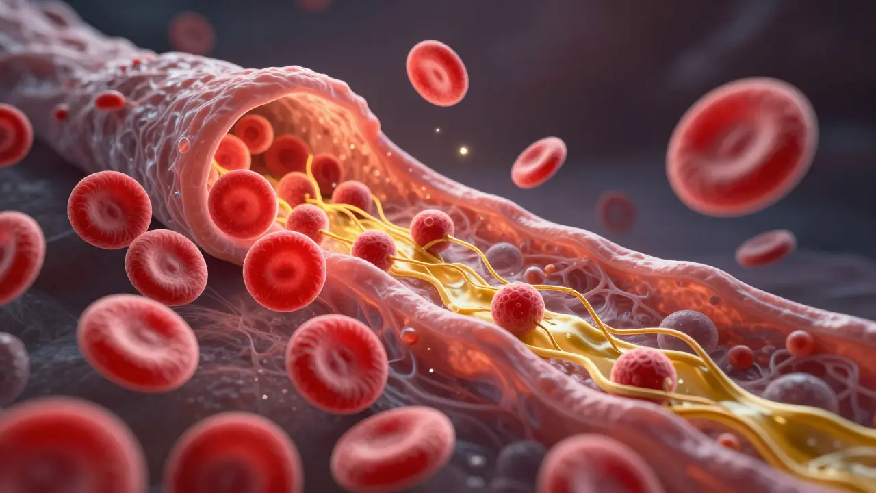 Mikroskopický pohled na tkáň během vakuoterapie s krevními cévami a kolagenovými vlákny.