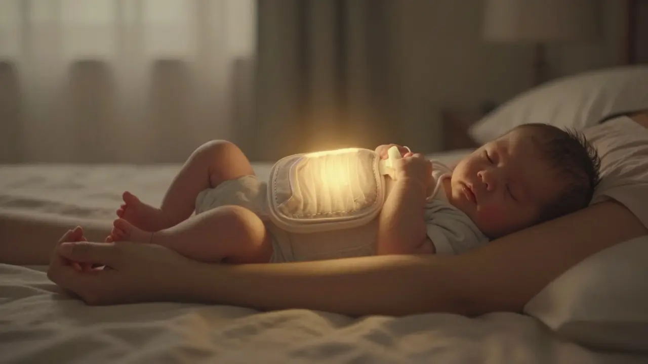 Novorozenec leží na bříšku na předloktí rodiče, teplá deka na bříšku.