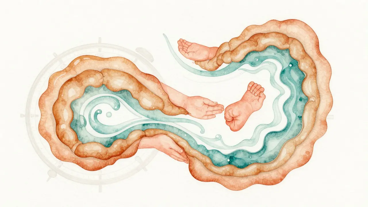 Symbolický obraz pohybu plynu v břiše novorozence v klidném směru.