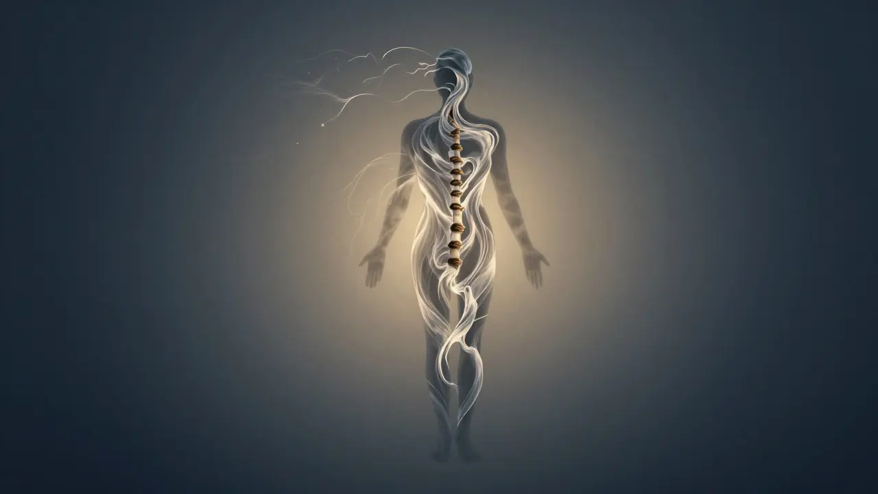 Symbolický obraz vnitřního uvolnění, kde napětí mizí jako vlny od nohou k hlavě.